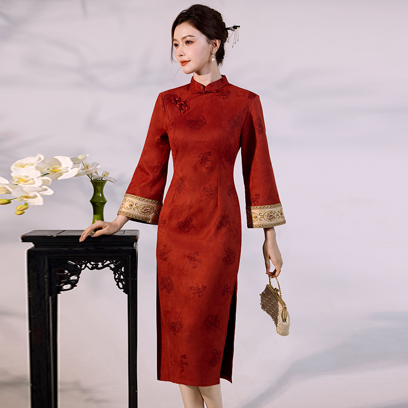 Vintage Fashion Gen Z - Qipao de veludo de camurça de